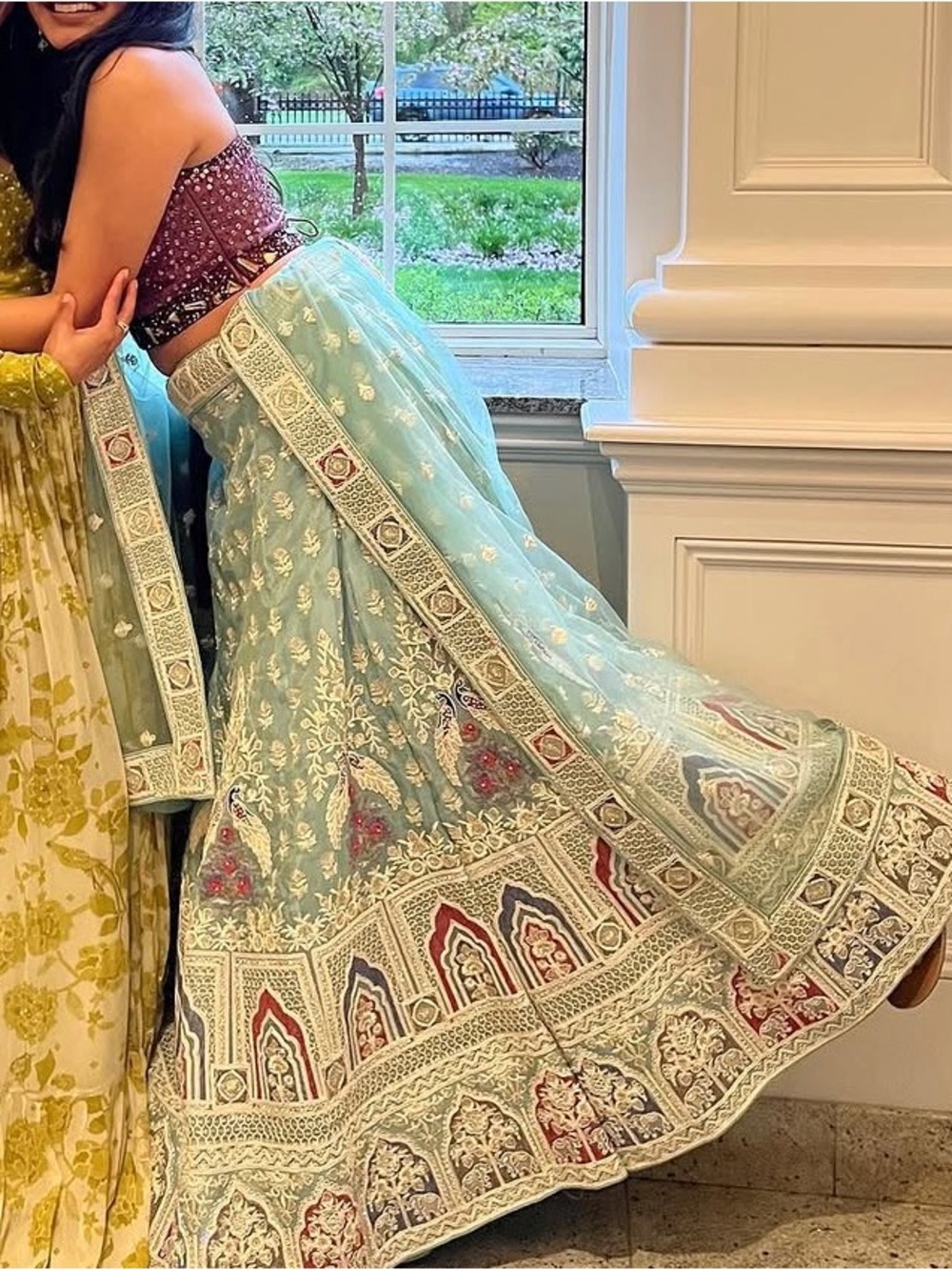Embroidered Pastel Indian lengha with Multicolor Accents, peacock embroidery